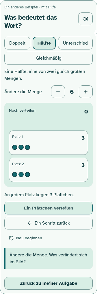 Lemilo-Lernhilfe: Sechs Plättchen sind gleichmäßig verteilt. Auf jedem der beiden Plätze liegen drei. Die Menge lässt sich verändern.